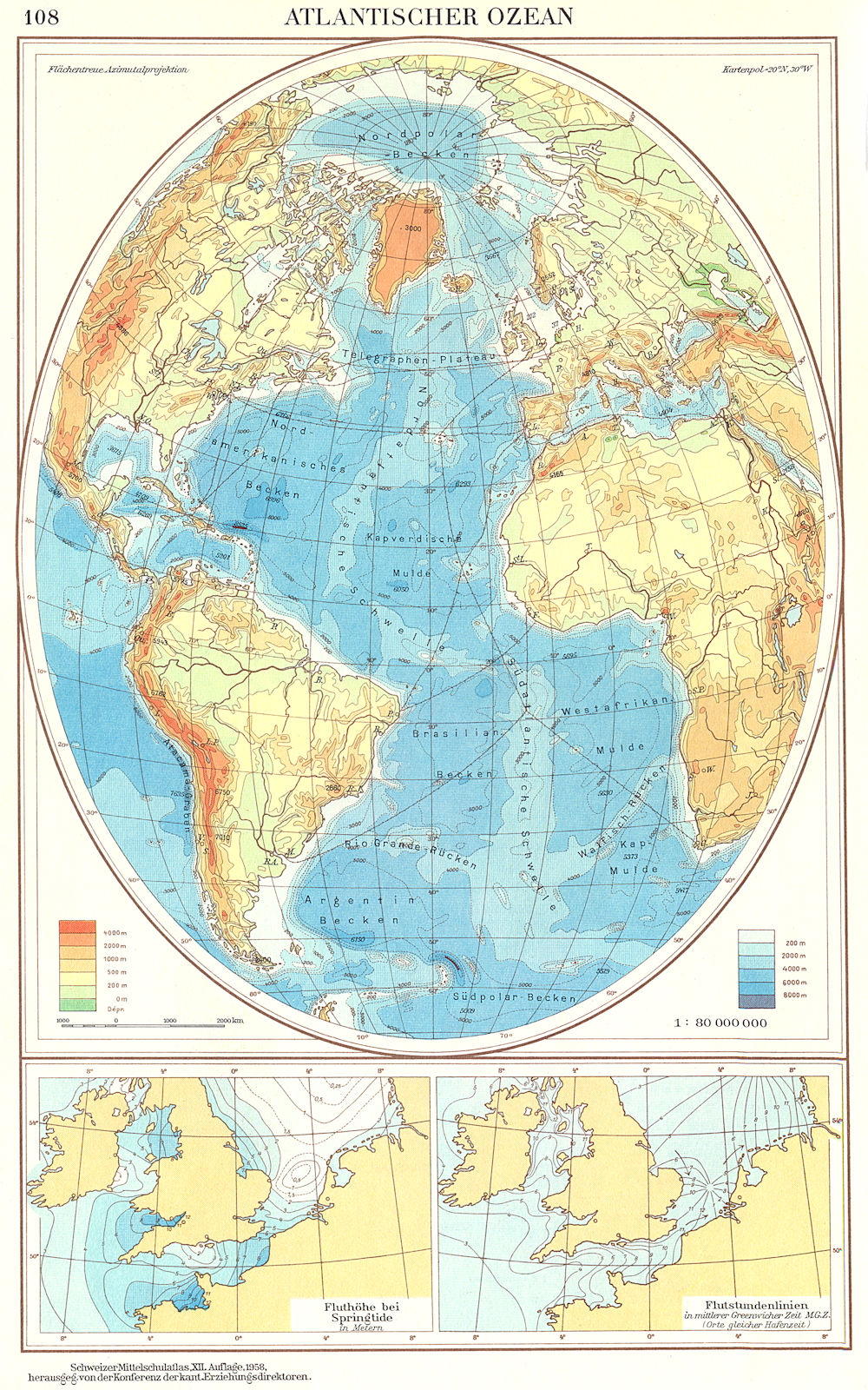 ATLANTIC.Atlantischer Ozean;Fluthohe bei Springtide;Flutstundenlinien 1958 map